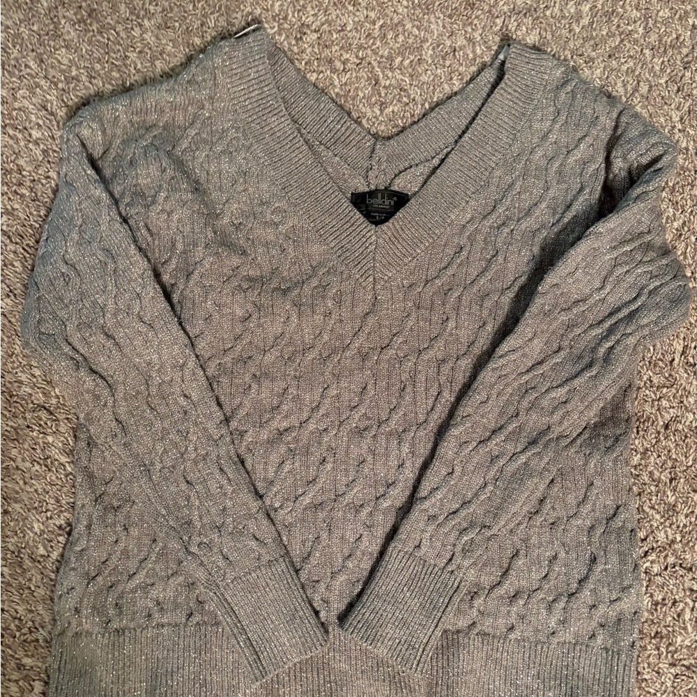 Belldini Gray V-Neck Sweater with Ribbed Cuffs